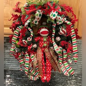 Handmade Sock Monkey Festive Holiday Wreath